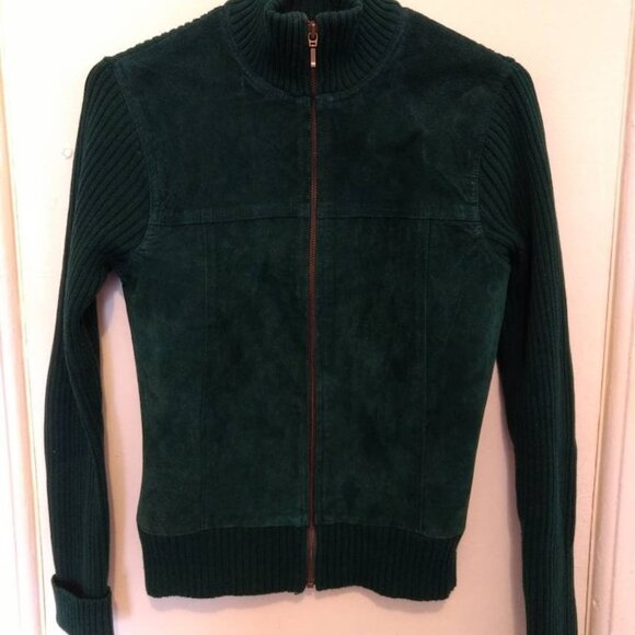 Vintage 90s Sweater Leather Jacket Green Knit and Suede Size Small - Picture 7 of 8